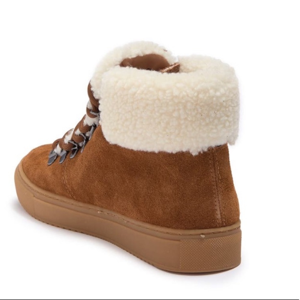 NEW 7 Susina Zayva Suede Shearling Trim Sneaker Tan - Picture 2 of 6